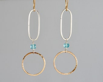 Mixed metal geometric hoop earrings, 14k gold filled and sterling silver, bright blue apatite gemstone, Rachel Wilder Handmade Jewelry