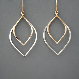 Mixed metal sterling silver and gold filled leaf earrings, Rachel Wilder Handmade Jewelry