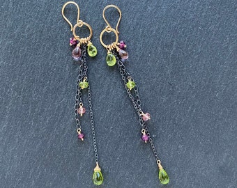 Mixed metal dangle earrings, multi gemstone earring, garnet, peridot, pink quartz, gold and black silver, Rachel Wilder Handmade Jewelry