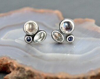 Multi stone cluster earrings, rose cut stone stud earrings, quartz aquamarine sapphire, Rachel Wilder Handmade Jewelry