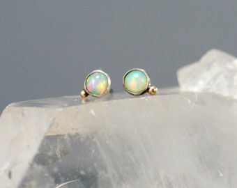 Opal stud earring, tiny rainbow opal stud, sterling silver with 14k gold accents, Rachel Wilder Handmade Jewelry