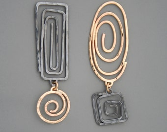 Mixed metal spiral earrings in sterling silver and gold filled, Rachel Wilder Handmade Jewelry