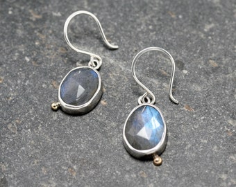 Labradorite earrings, rose cut labradorite earrings, sterling silver with gold ball earrings, Rachel Wilder Handmade Jewelry