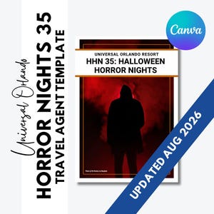 Op de afbeelding: Een digitaal sjabloon voor Universal Orlando Resort HHN 35: Halloween Horror Nights, met een silhouet met capuchon tegen een rode rokerige achtergrond, met de tekst Universal Orlando Horror Nights 35 Travel Agent Template en Updated Aug 2026.