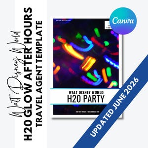 Puede incluir: Una plantilla digital para agente de viajes con fondo oscuro y barras luminosas de neón borrosas en amarillo, azul, verde y rojo. El texto dice Walt Disney World H2O Glow After Hours, Walt Disney World H2O Party y Updated June 2026.