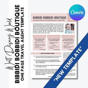 May include: A pink and white flyer for Bibbidi Bobbidi Boutique at Walt Disney World. The flyer includes text about packages, including The Fairy Tale Package, The Kingdom Package, and The Adventure Package. The Canva logo is in the upper right corner.