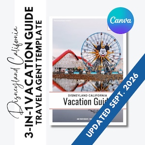 Pode incluir: Um modelo de guia de férias 3 em 1 para agentes de viagens da Disneyland Califórnia com uma roda-gigante grande com o rosto do Mickey Mouse, uma montanha-russa vermelha e o texto "Disneyland California Vacation Guide" e "UPDATED SEPT. 2026".
