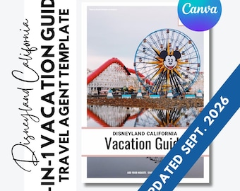 May include: A Disneyland California 3-in-1 vacation guide travel agent template featuring a large Ferris wheel with a Mickey Mouse face, a red roller coaster, and the text "Disneyland California Vacation Guide" and "UPDATED SEPT. 2026".