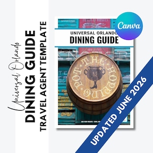 Puede incluir: Una plantilla de guía gastronómica digital con el texto Universal Orlando Dining Guide Travel Agent Template Updated June 2026. El diseño muestra un letrero de barril de madera con el texto Pot The Hopping Pot sobre un fondo de madera turquesa.