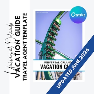 May include: A digital template for a Universal Orlando Vacation Guide for travel agents. The design features a green roller coaster, the text Universal Orlando Vacation Guide, and a blue diagonal banner with the text UPDATED JUNE 2026.