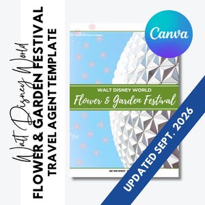 May include: A digital template for a Walt Disney World Flower & Garden Festival travel agent flyer. The design features the Epcot geodesic sphere, a light blue sky with pink flower icons, and a green banner with the text Walt Disney World Flower & Garden Festival. A blue diagonal stripe reads UPDATED SEPT. 2026.