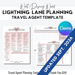 Puede incluir: Una plantilla de agente de viajes para la planificación de Lightning Lane en Walt Disney World con una hoja de trucos y páginas de planificación en tonos rosa. Los documentos incluyen listas de atracciones y secciones de notas. Una banda azul diagonal dice UPDATED SEPT. 2026.