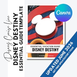 May include: A digital template for a Disney Destiny essential vacation guide featuring a red and blue graphic with a white Mickey Mouse icon. The text reads Disney Cruise Line, Disney Destiny Essential Guide Template, and Updated June 2026.