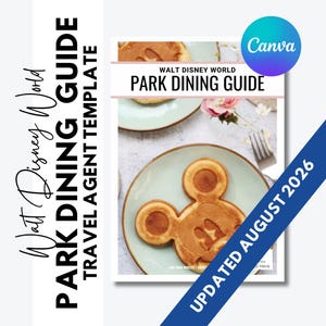 以下が含まれることがあります： Walt Disney World Park Dining Guide Travel Agent Templateというタイトルのデジタル文書。ライトグリーンの皿に乗ったミッキーマウス型のパンケーキの写真と、Updated August 2026と書かれた青い斜めのバナーが含まれています。