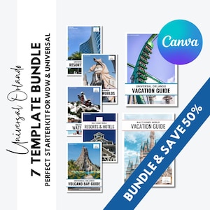 May include: A digital template bundle featuring seven guides for Universal Orlando and Walt Disney World. The collection includes vacation guides, resort and hotel information, and park-specific details, all presented with a Canva logo overlay.