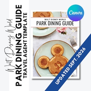 May include: A digital document template titled Walt Disney World Park Dining Guide Travel Agent Template, featuring a photograph of Mickey Mouse-shaped pancakes on light green plates, with a blue diagonal banner stating Updated Sept. 2026.