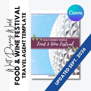 May include: A digital template for a Walt Disney World Food & Wine Festival travel agent flyer. The design features a light blue background with white line art of wine glasses and cheese, a large geodesic sphere, and a purple banner with white text.