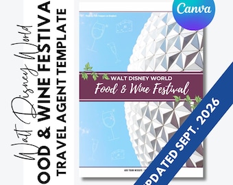 May include: A digital template for a Walt Disney World Food & Wine Festival travel agent flyer. The design features a light blue background with white line art of wine glasses and cheese, a large geodesic sphere, and a purple banner with white text.
