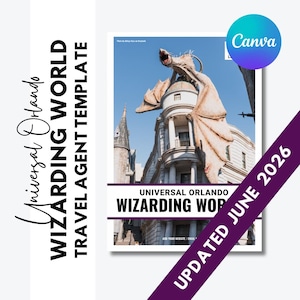 May include: A digital travel agent template featuring a large dragon perched atop a white stone building. The text reads Universal Orlando Wizarding World Travel Agent Template and Updated June 2026. A blue Canva logo is visible in the corner.