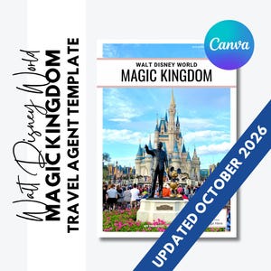 May include: A digital travel agent template featuring a photograph of the Walt Disney World Magic Kingdom castle and the Partners statue. The text reads Walt Disney World Magic Kingdom, Travel Agent Template, and Updated October 2026.