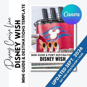 May include: A digital template for a Disney Wish cruise line mini guide and port destinations. The design features a red ship funnel with a white Mickey Mouse icon, three black smokestacks, and text reading Disney Wish and Updated Sept. 2026.