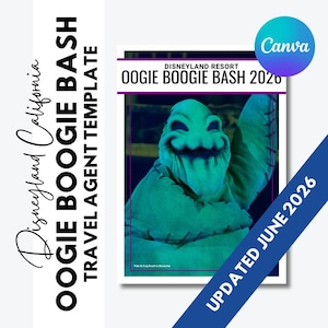 Könnte beinhalten: Eine digitale Vorlage für das Disneyland Resort Oogie Boogie Bash 2026 mit einer Grafik der grünen, vernähten Figur Oogie Boogie. Der Text lautet Disneyland Resort Oogie Boogie Bash 2026 und Updated June 2026 mit einem Canva-Logo.