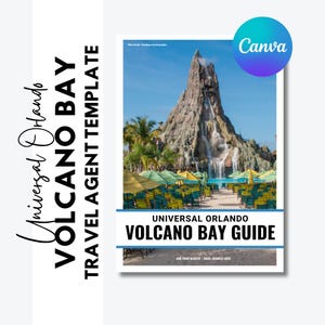 May include: A digital travel agent template featuring a large volcano with waterfalls, palm trees, and rows of yellow and green lounge chairs with umbrellas. The text reads Universal Orlando Volcano Bay Travel Agent Template and Universal Orlando Volcano Bay Guide.