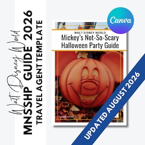 May include: A digital guide template titled Walt Disney World Mickey's Not-So-Scary Halloween Party Guide 2026. The cover features a large orange pumpkin carved with a Mickey Mouse face, surrounded by autumn leaves, with a blue diagonal banner.