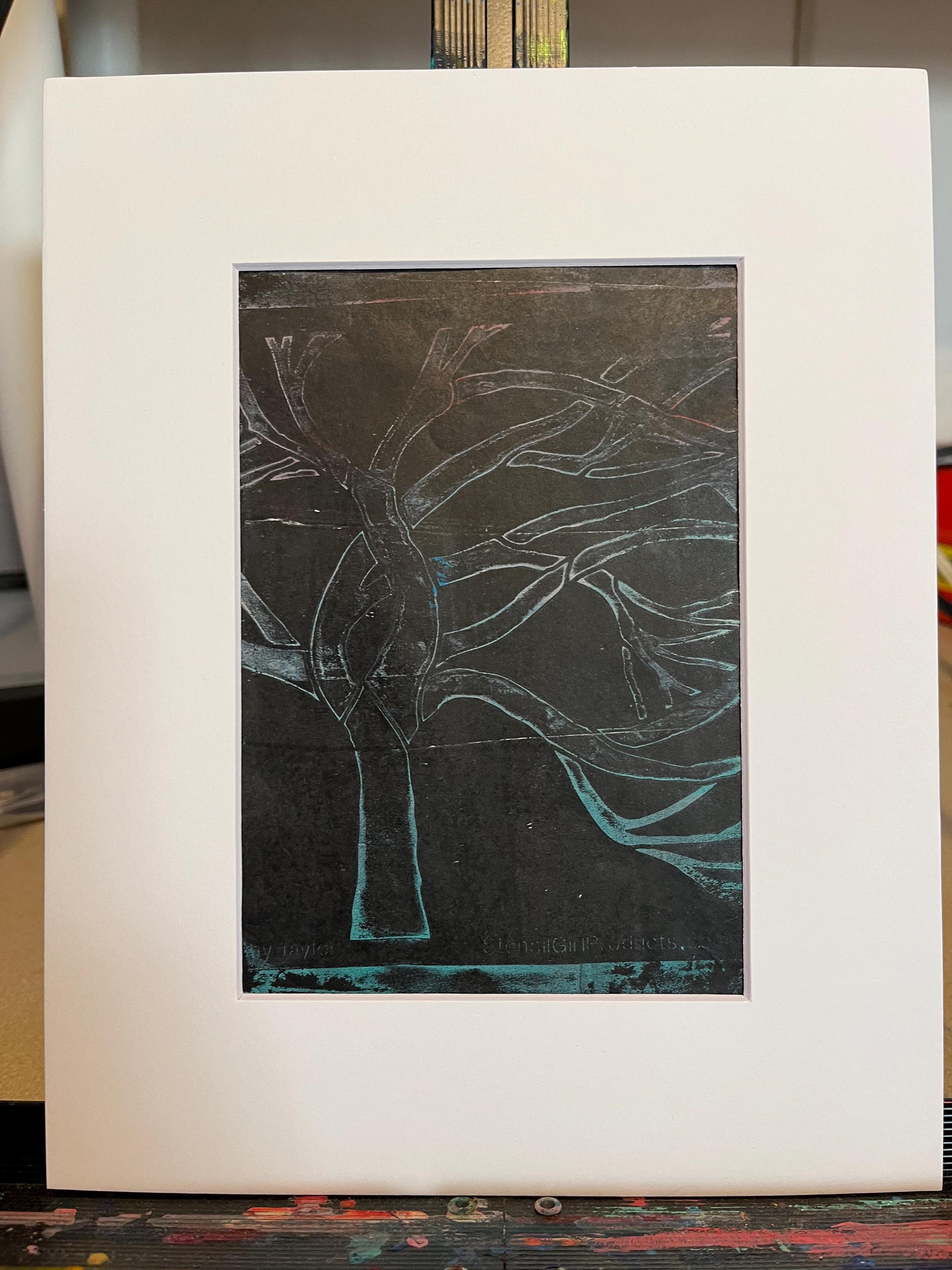 Gel Print Tree Art: Original Acrylic Painting with Matting