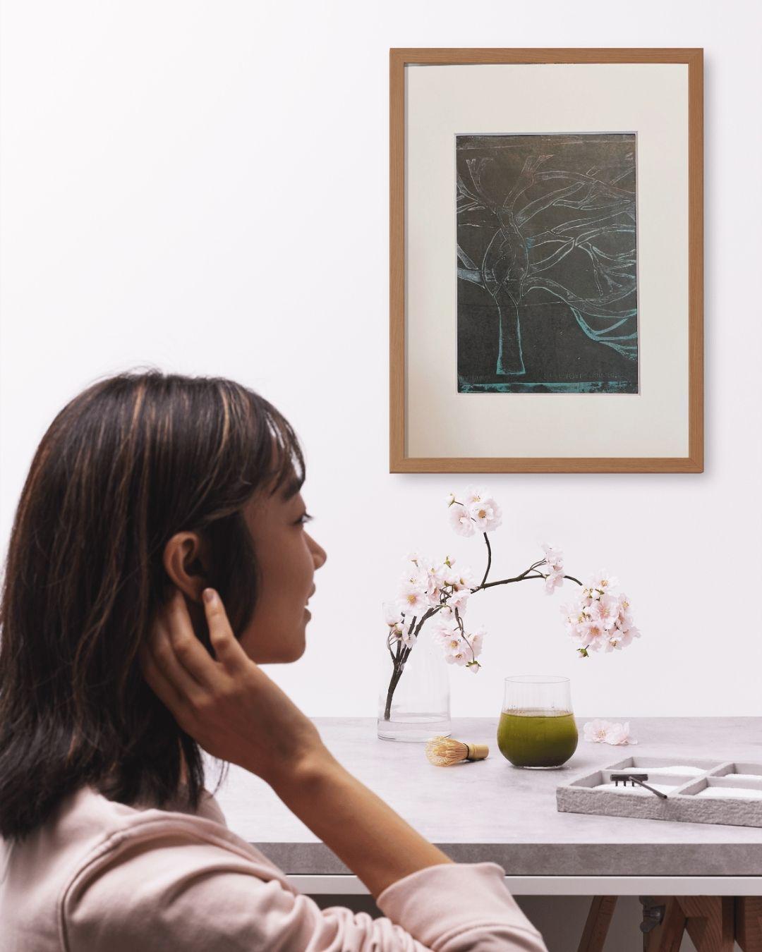 Gel Print Tree Art: Original Acrylic Painting with Matting - Thumbnail 4