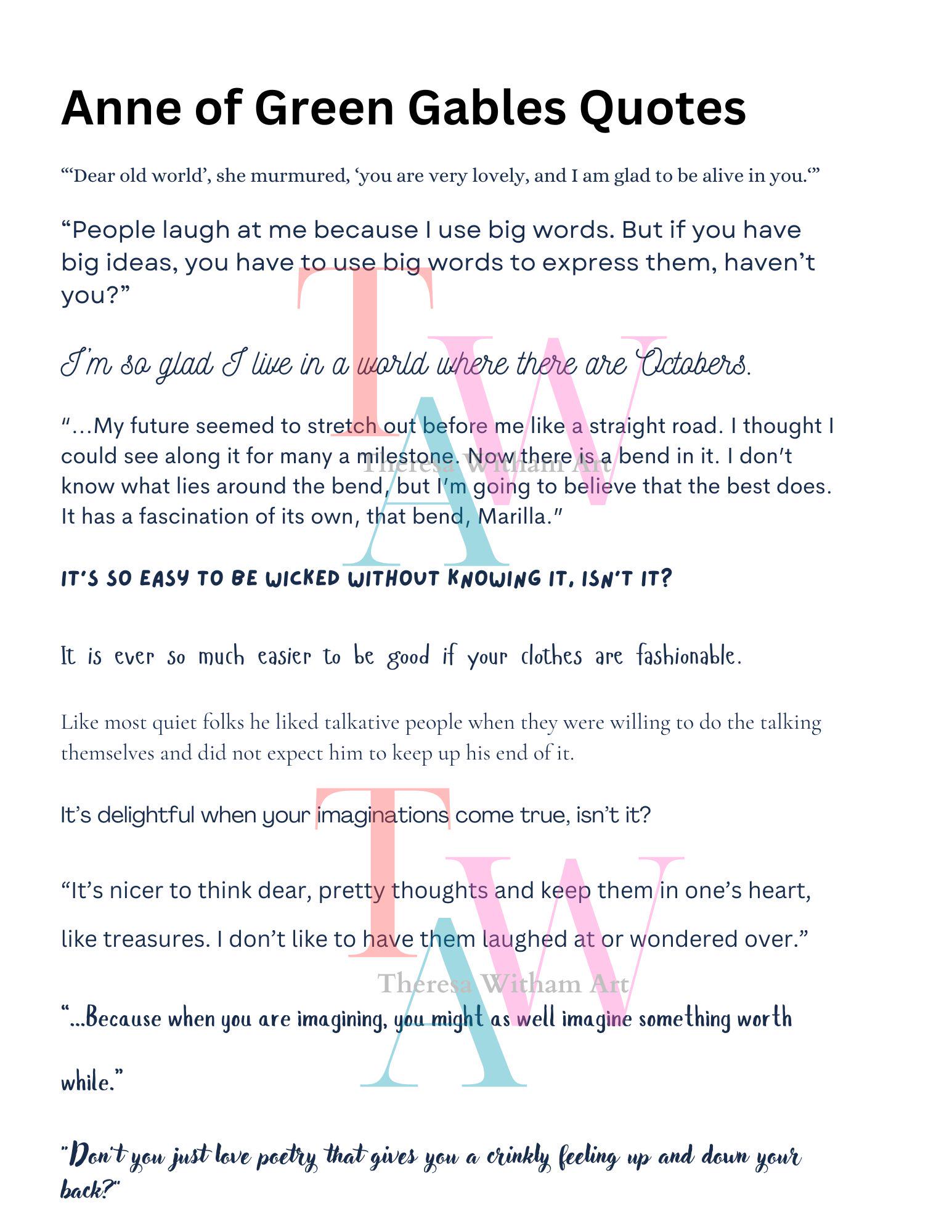 Anne of Green Gables Quotes for Junk, Art Journals