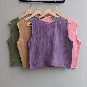 Women Cotton Linen Tank Top Sleeveless Muslin Loose Blouse Shirt with Boat Neck Lounge And Sleepwear Gauze Tunic Handmade Clothing Gift