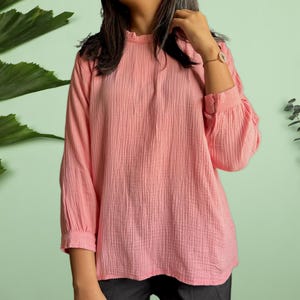 Cotton Linen Full Sleeve Shirt Gauze Cotton Top Split Neckline Muslin Blouse Comfortable Casual Blouses Winter Wear Shirts For Women Gift