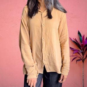 Women Cotton Linen Button Down Shirt Breathable Oversize Long Sleeve Collared Shirt Loose Muslin Blouse Casual Office Wear Gauze Tunic Top
