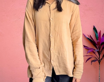 Camisa de lino y algodón con botones para mujer, blusa holgada de muselina de manga larga, transpirable, de gran tamaño, para uso informal en la oficina, túnica de gasa