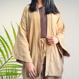 Women Double Gauze Cotton linen Kimono Cardigan Muslin Comfortable Wide Sleeves Soft Long Kimono Robe Loungewear Beach Wear Winter Outfit