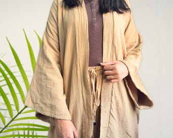 Cardigan Kimono in lino e cotone a doppia garza da donna, in mussola, comodo, con maniche larghe, morbido e lungo, kimono, abbigliamento da casa, abbigliamento da spiaggia, abbigliamento invernale