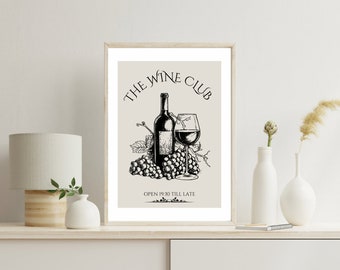May include: Black and white illustration of a wine bottle, glass, and grapes with the text "The Wine Club" and "Open 19:30 till late".