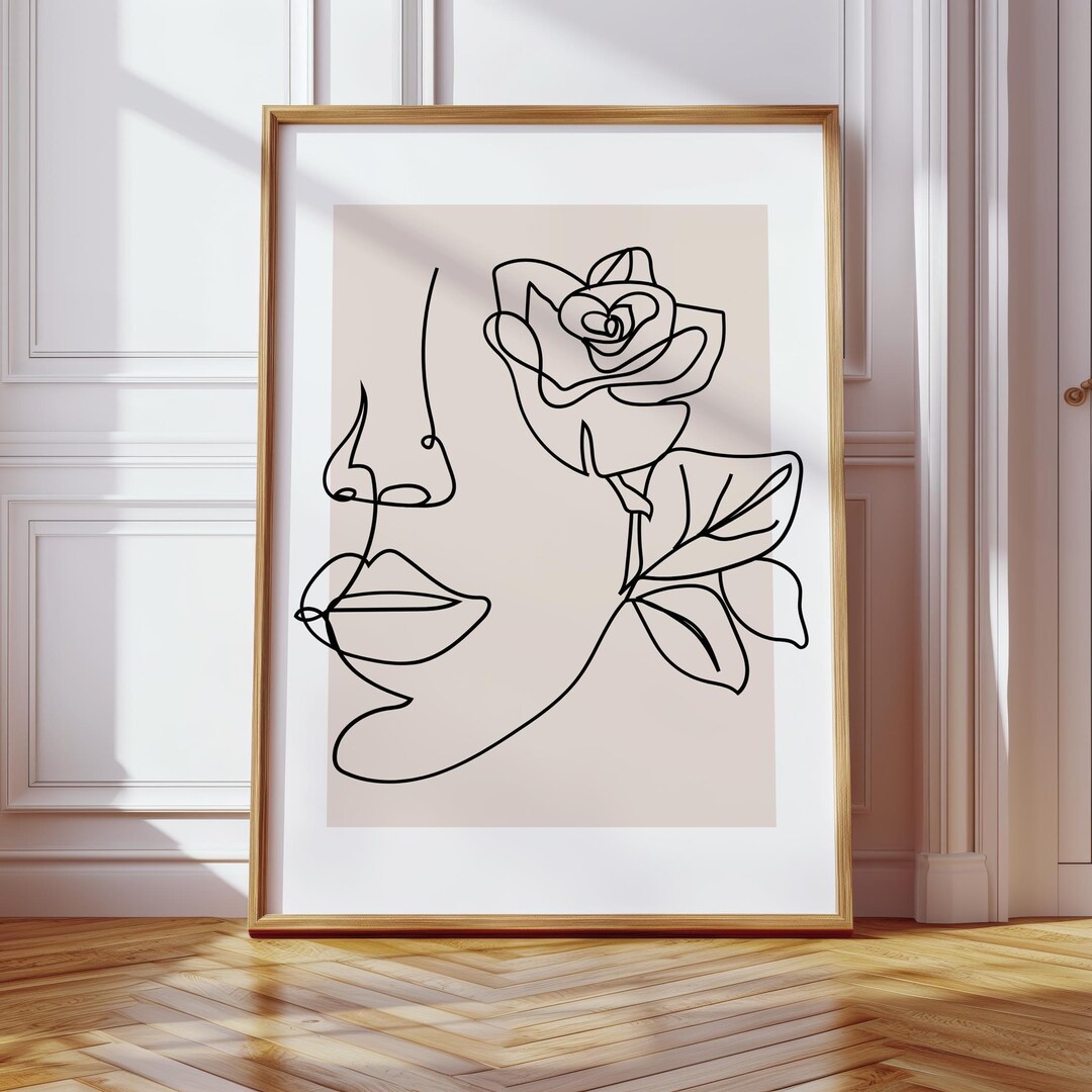 Minimalist Woman Face Line Art Print: Floral Beige Decor - Etsy