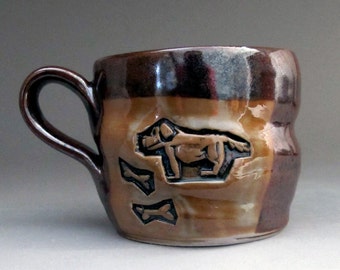 Puppy Dog Coffee Mug Teacup Ceramic Porcelain Cup in Red Brown Tenmoku Glaze