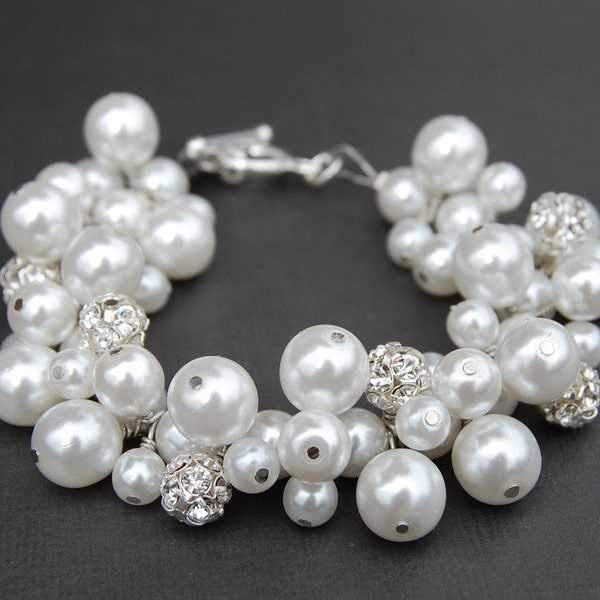 Bridal Jewelry, Sparkling Wedding Pearl Bracelet, Rhinestone and White Pearl Cluster Bracelet