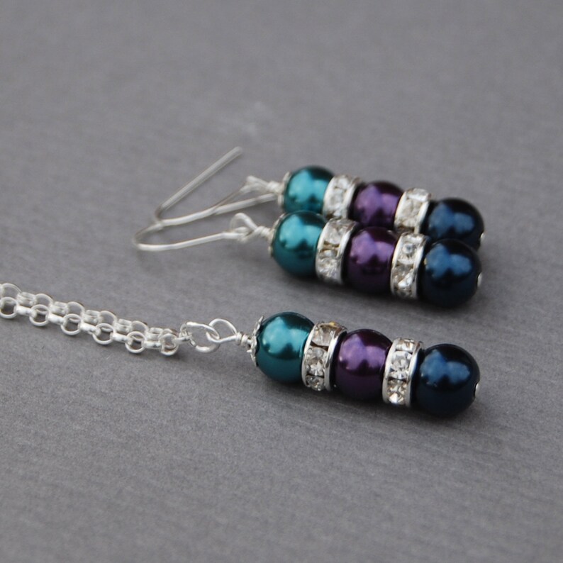 Bridesmaid Jewelry Pearl Rhinestone Necklace and Earrings Set Peacock Wedding Jewelry Set Pick Your Own Color