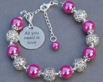 All you need is Love Charm Bracelet, Romantic Gift for Bride, Quote Jewelry, Words of Love