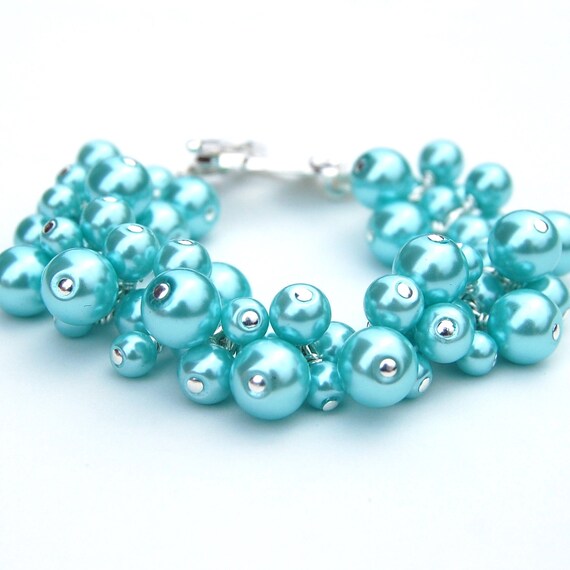 Items similar to Aqua Pearl Cluster Bracelet, Bridesmaid Bracelet ...