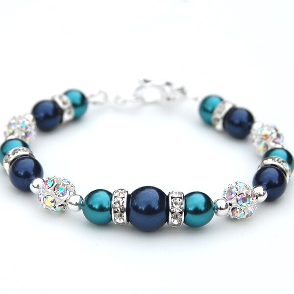 Pulsera de perla de la marina y el teal, regalos de la dama de honor, boda de verano, pulsera azul de medianoche, joyería de la boda de la playa