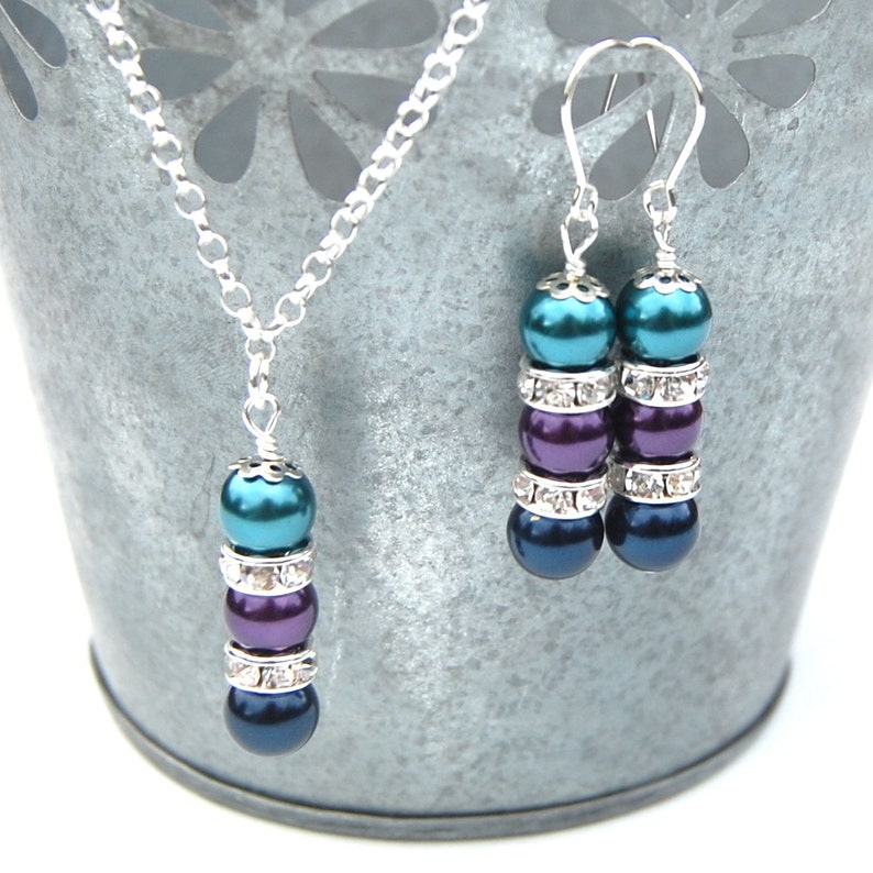 Bridesmaid Jewelry Pearl Rhinestone Necklace and Earrings Set Peacock Wedding Jewelry Set Pick Your Own Color