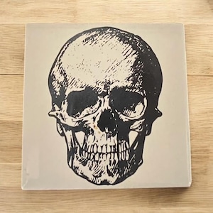 Puede incluir: Una ilustración en blanco y negro de un cráneo humano sobre un fondo beige.