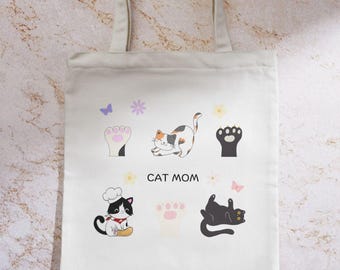 Cute Kawaii Cat Mom Tote Bag, Cotton Canvas Shopping Bag