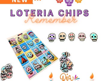 Puede incluir: Un tablero de juego de Lotería con dieciséis cuadros con ilustraciones de calaveras, acompañado de fichas sueltas con forma de calavera. El texto dice NEW, LOTERIA CHIPS, Remember y Dia de los Muertos, con guirnaldas y velas.