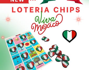 Puede incluir: Imagen de un juego de "Loteria Chips" con temática mexicana. El conjunto incluye un tablero de juego y parches en forma de corazón, ambos con los colores de la bandera mexicana. El texto "Viva México" es visible, junto con "Loteria Chips".